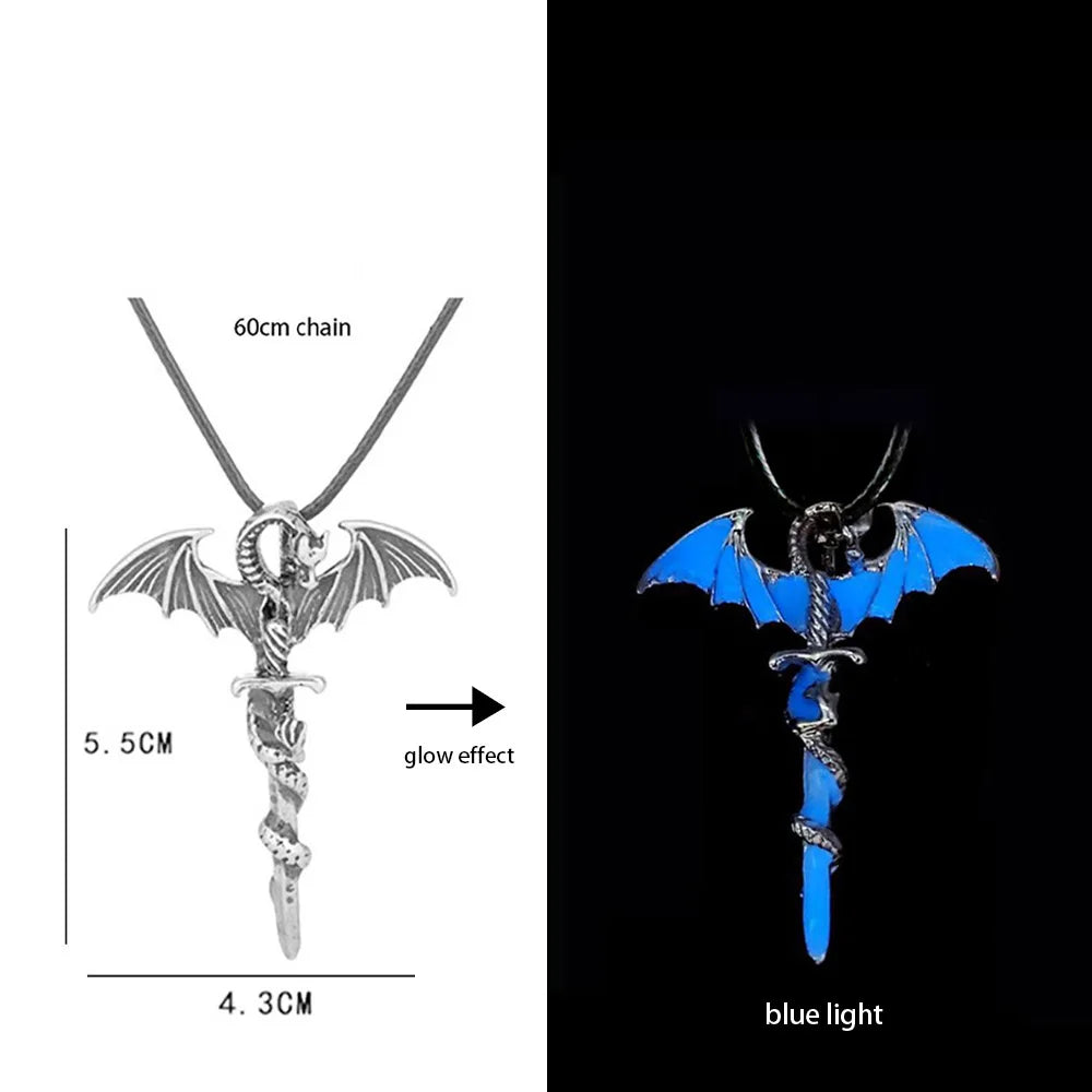 Hiphop Rock Stainless Steel Chain Luminous Alloy Dragon Pendant Glowing Necklace Night Dance Disc Glow In The Dark Necklace
