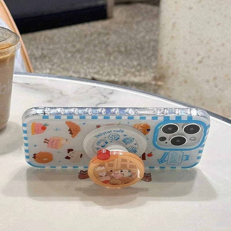 Luxury Cute Waffle Cake Magsafe Wireless Charge Case For iPhone 13 14 15 16 Pro Max Funny Cartoon Waffle Shake Magnetic Holderr