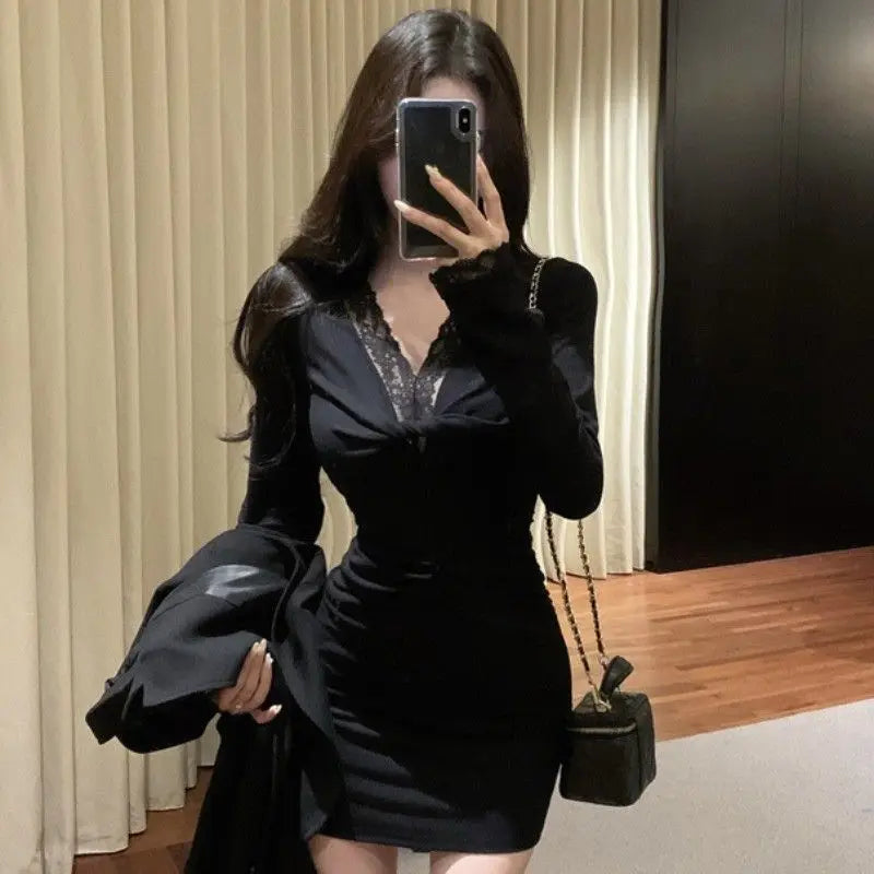 Long Sleeve Black Mini Dress Vintage Sexy Womens Lace Patchwork Y2K Aesthetic Dress High Waist Party Club Women Dress Autumn New