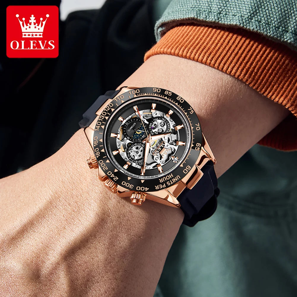 OLEVS 6713 Men Mechanical Watch Hollow Dial Tourbillon Fashionable Business Sport Waterproof Date Moon Silicone Strap