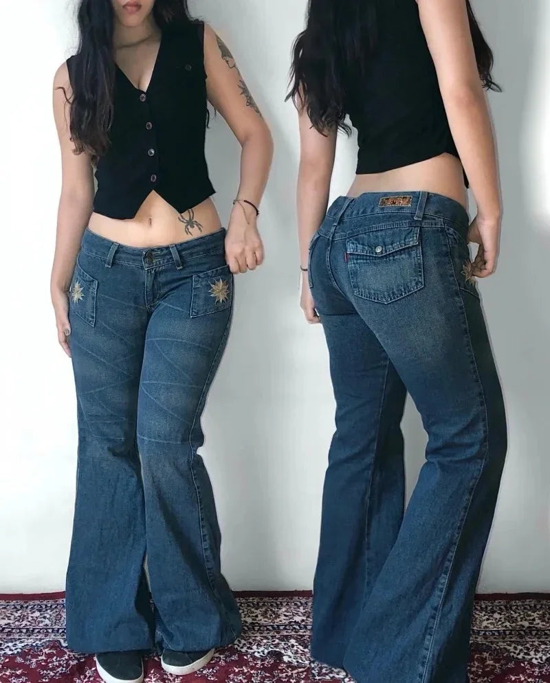 Y2K Fashion New Letters Embroidered Washed Baggy Jean Women Gothic Harajuku Vintage Hip Hop Pop Casual High Waist Wide Leg Pants