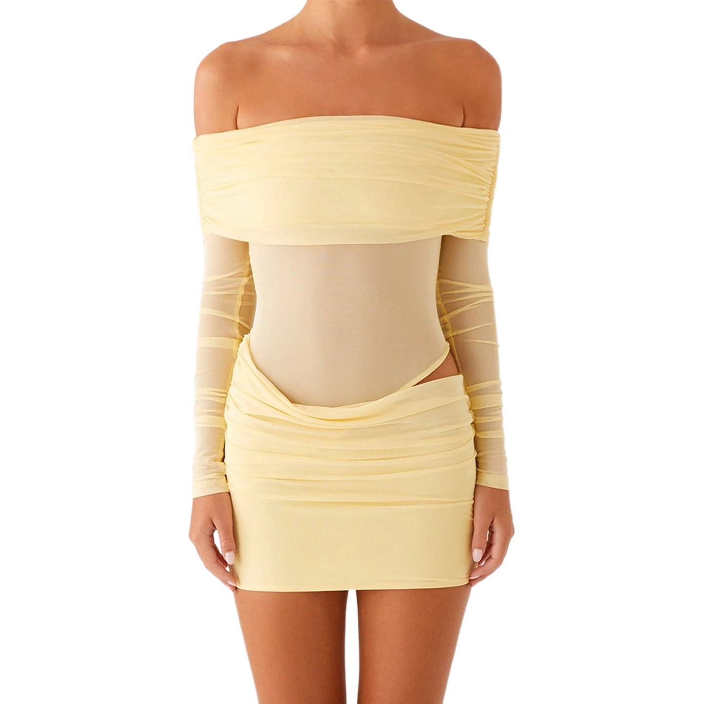 Women Mini Off Shoulder Dress Slim Ruched Solid Color Cut Out Long Sleeve Backless Short Mesh Bodycon Dress for Party Club
