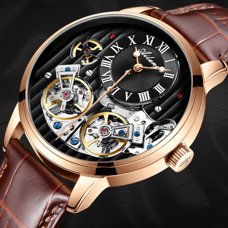 AILANG Double Tourbillon Men Watches Leather Wrist Mechanical Watches Automatic Flying Tourbillon Watches Waterproof Relogio