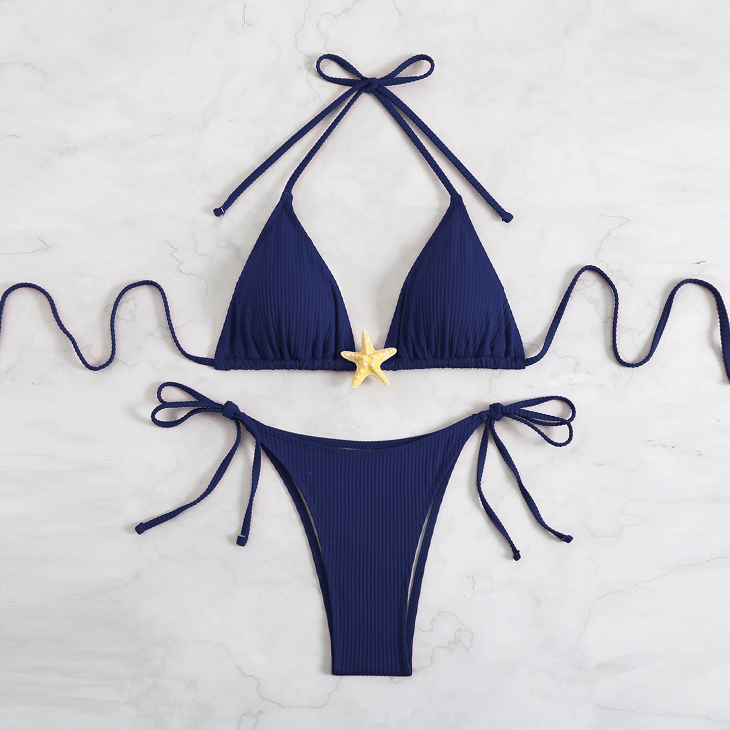Yiiciovy New Women Push Up Swimwear 2 Piece Bikini Set Starfish Sexy Halter Bandage Beachwear Bathing Suits for Beach Pool