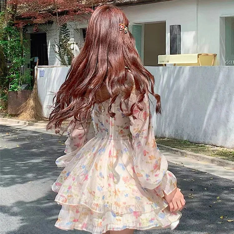 Women's Dresses Off Shoulder Floral Printed Long Sleeve Ruffles Party Mini Dresses Ruffle Slim Short Dresses Fairy Sweet