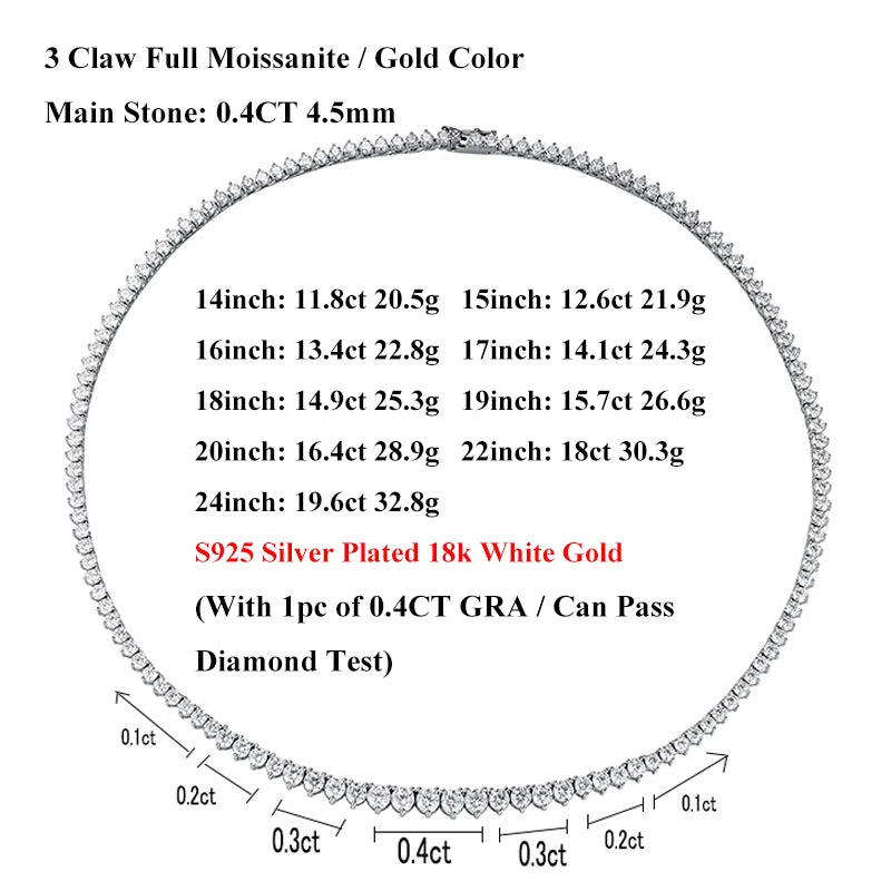EWYA 3 Claw 0.4CT Gradient Full D Color VVS Moissanite Tennis Necklace for Women 925 Silver Plated 18k GRA Certified Neck Chain