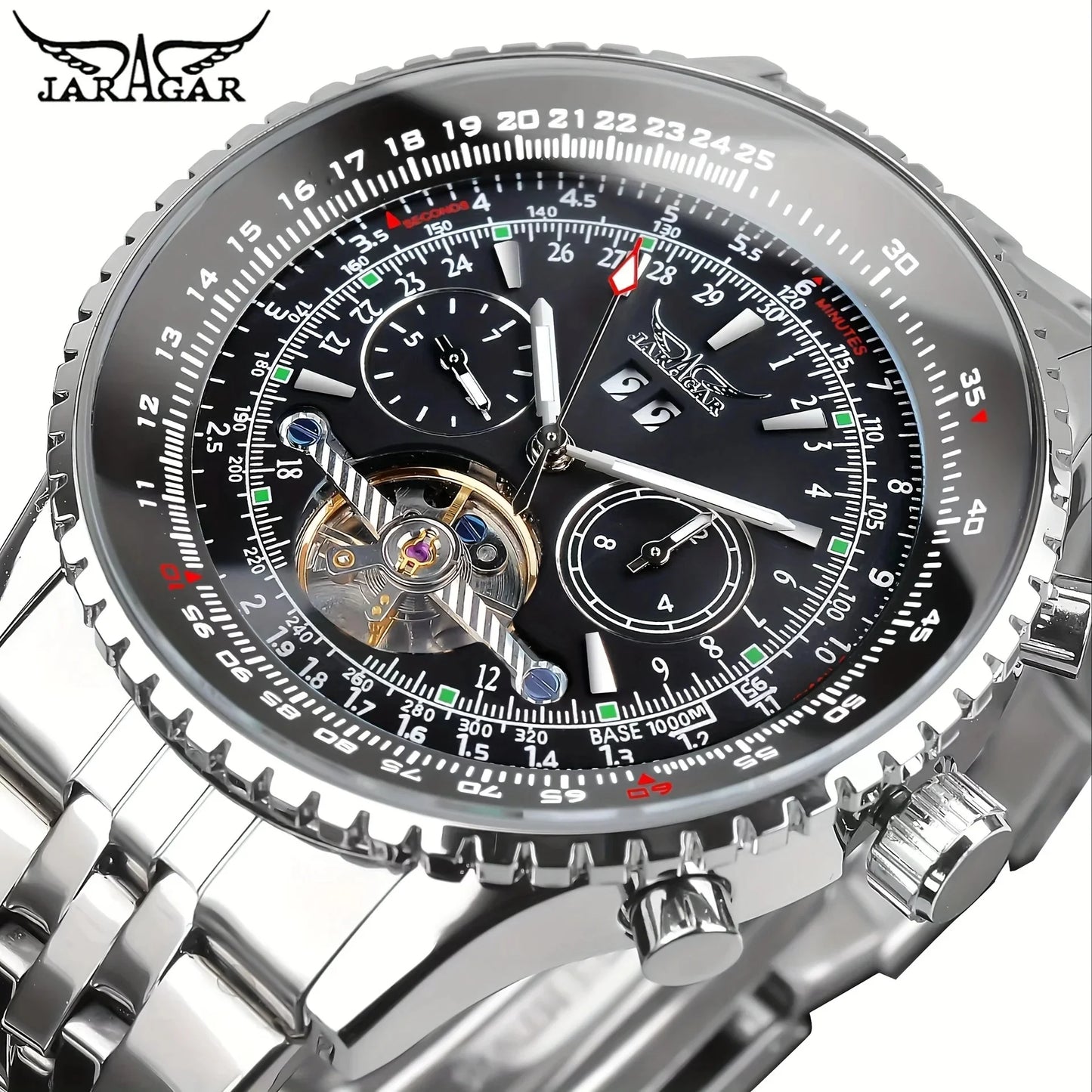 Jaragar 034 Top Brand Retro Blue Automatic Multifunctional Watch Stainless Steel Date Tourbillon Hollow Skeleton Watch Men Watch