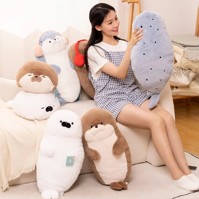 High Quality Genuine Kawaii Cartoon Sea Creature Otter Plush Doll Pillow Headset Blue Seal Otter Stuffed Animal Birthday Gift