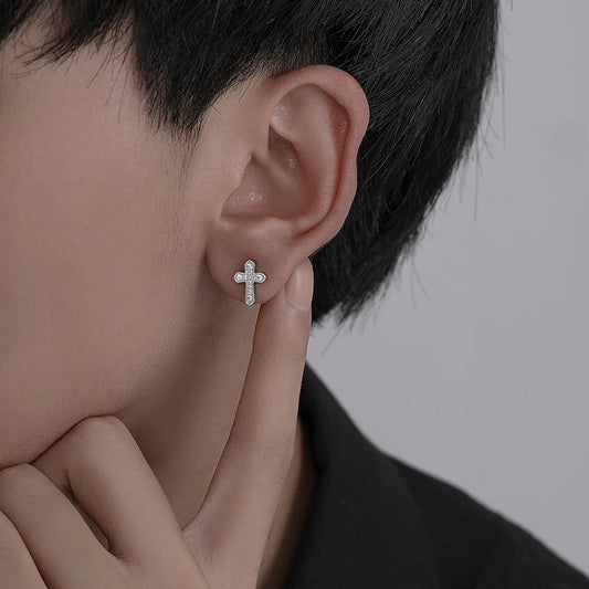 925シルバーニードルラインストーンクロススタッドピアスレディースメンズ新デザインセンスクロス耳穴なし耳クリップパーティージュエリー