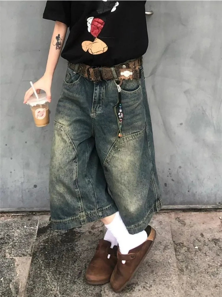 Y2K Harajuku High Street Calf-Length Pants High Waist Street Style Baggy Jean For Women Casual Loose Fit Blue Denim Shorts