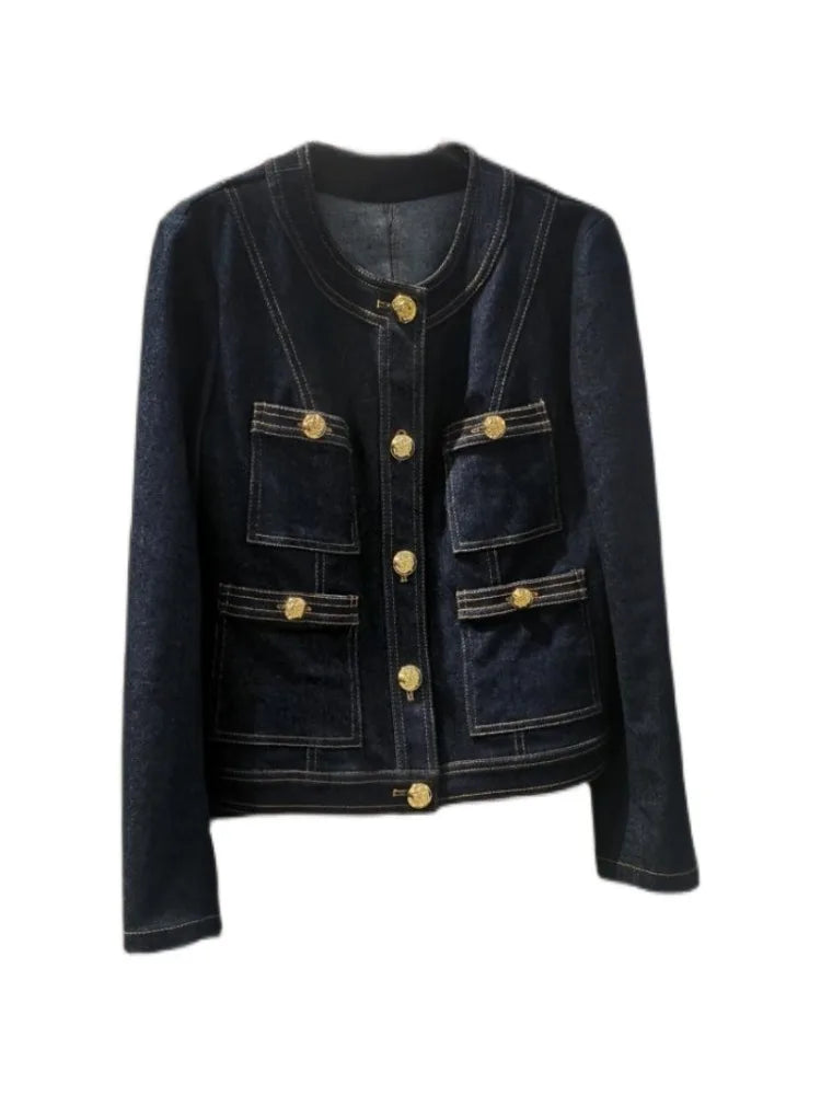 2024 Autumn Women's Winter Old Money Style Casual Blue Elegant Denim Jacket Fashion Luxury Style Single Breatsed Loose Coat