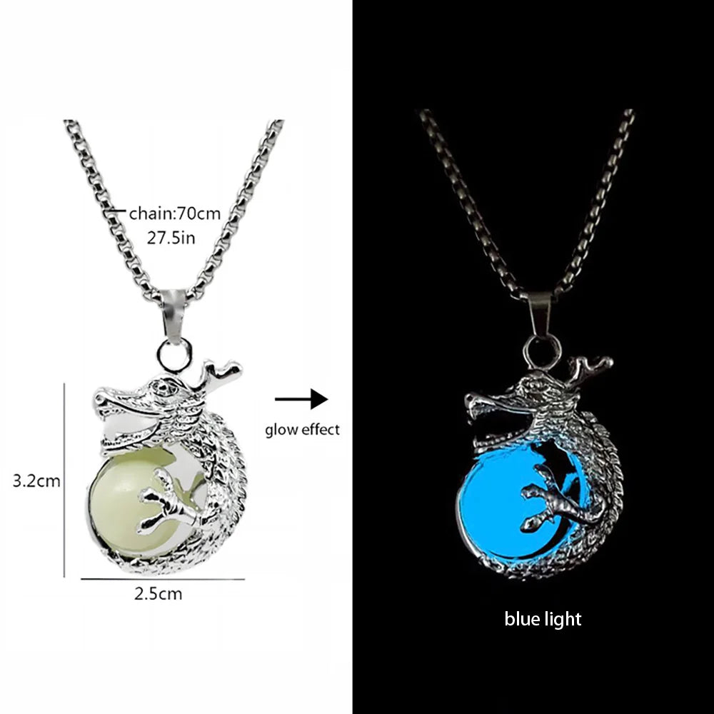 Hiphop Rock Stainless Steel Chain Luminous Alloy Dragon Pendant Glowing Necklace Night Dance Disc Glow In The Dark Necklace
