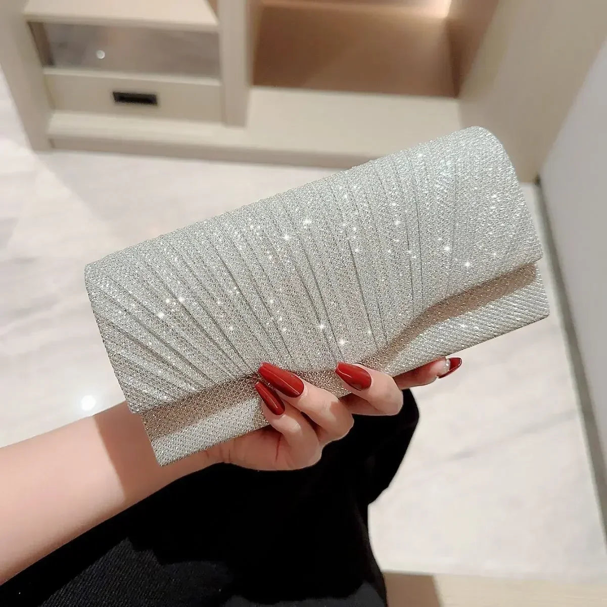 Wedding Party Handbag Ladies Glitter Silver Clutch Bag Envelope Evening Bag Fashion Elegant Long Purse Women Chain Shoulder Bags