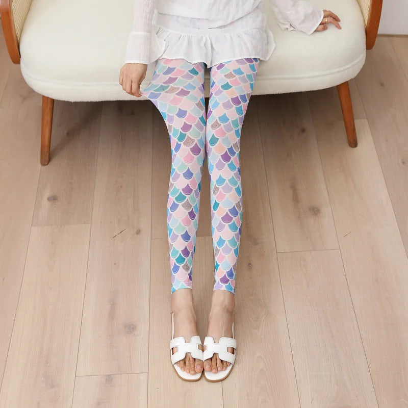 Women Trendy and Fashionable Printed Mesh Leggings, Ice Silk Flower Cartoon Shorts,Sexy Girl Fitness Elastic Pants