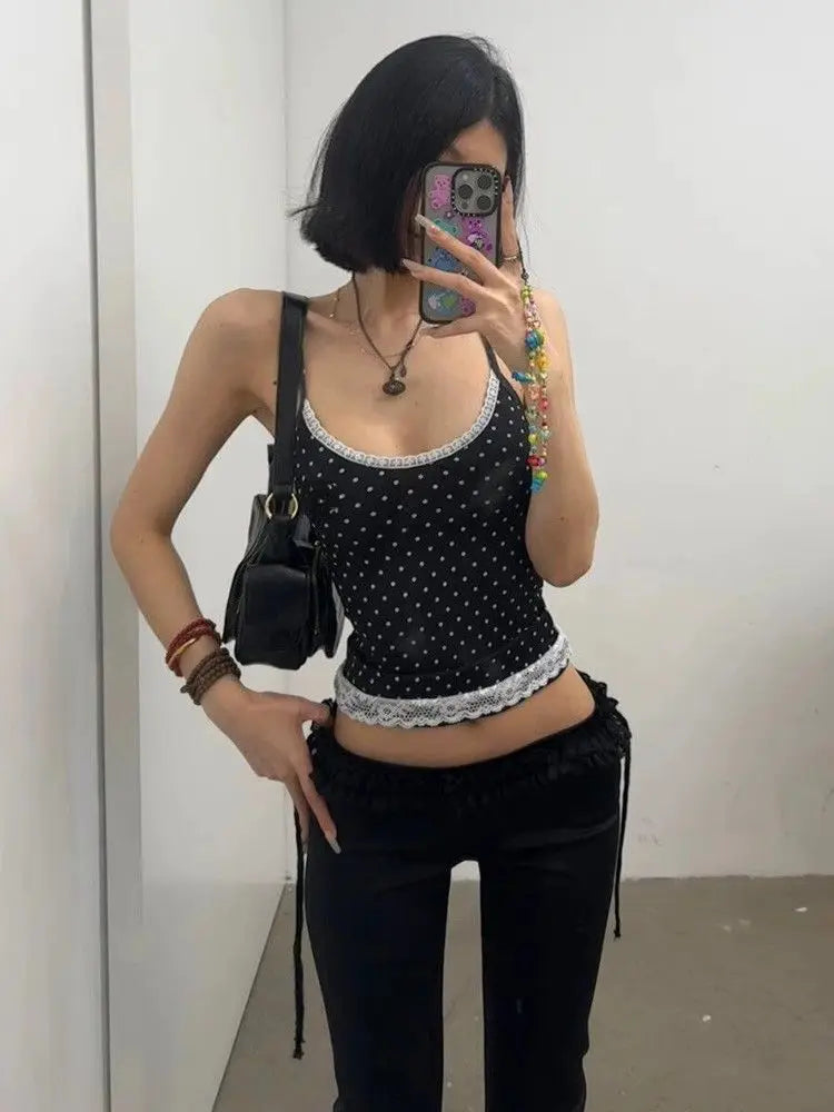 Yedinas Dot Patchwork Lace Halter Tops Sleeveless Tshitrs Tank Tops Summer Camisole Women Clothes Sexy Streetwear Y2k Chic