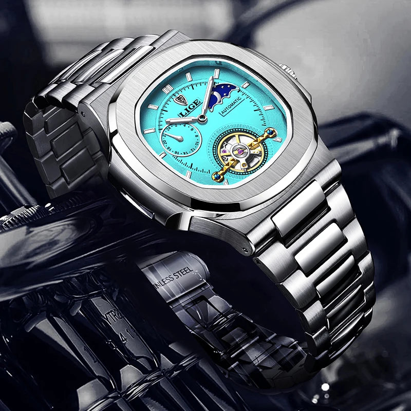 LIGE 2024 Automatic Mens Watch Fashion Stainless Steel Luxury Watches Men Waterproof Luminous Tourbillon Wristwatch Reloj Hombre