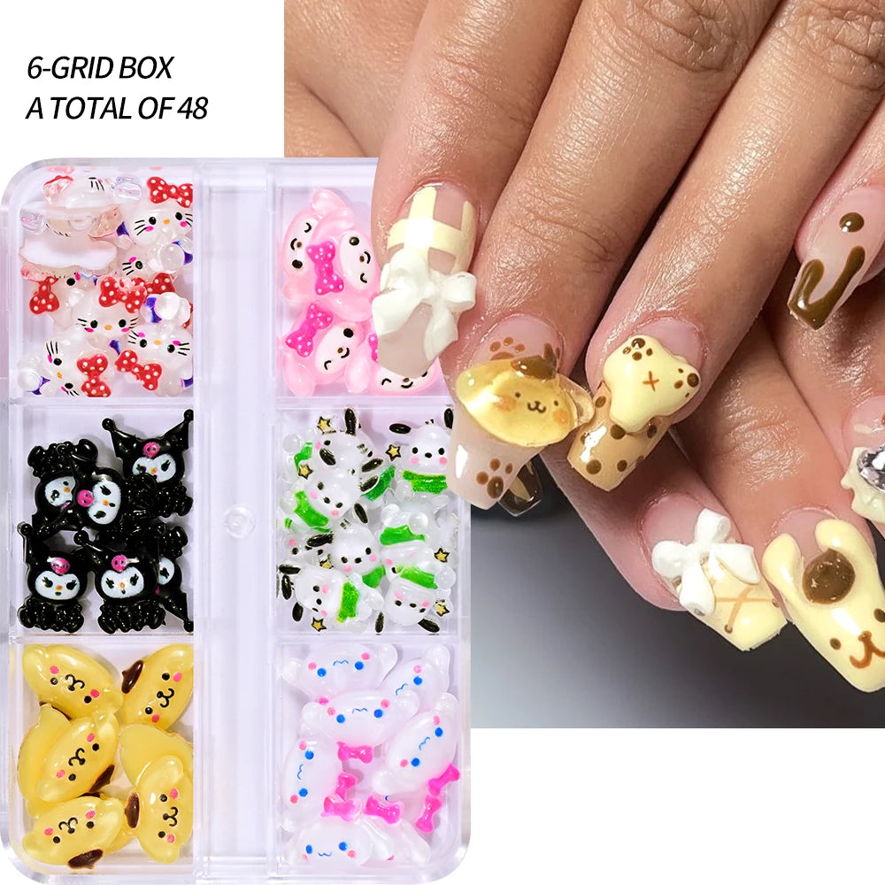 12Grids Summer Black Skin Hello Kitty Nail Charms 3D Pink Bows Hello Kitty Nail Art Rhinestone Cute Cartoon DIY Nail Accessories