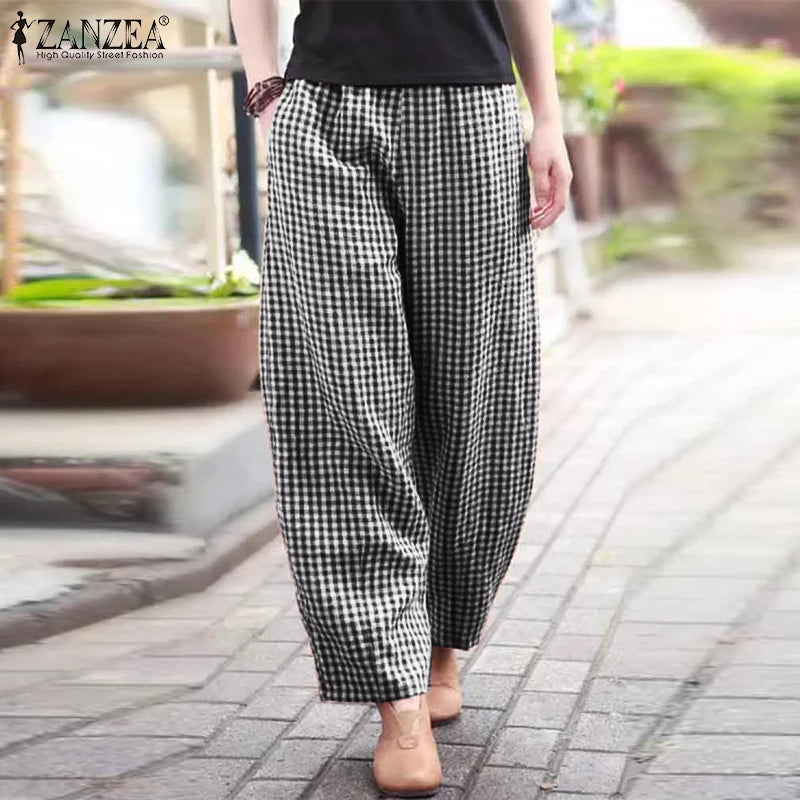 ZANZEA 2025 Plaid Pants Women Fashion Lantern Pants Casual Loose Long Trouser Summer Pockets Elastic Waist Bottoms Oversized