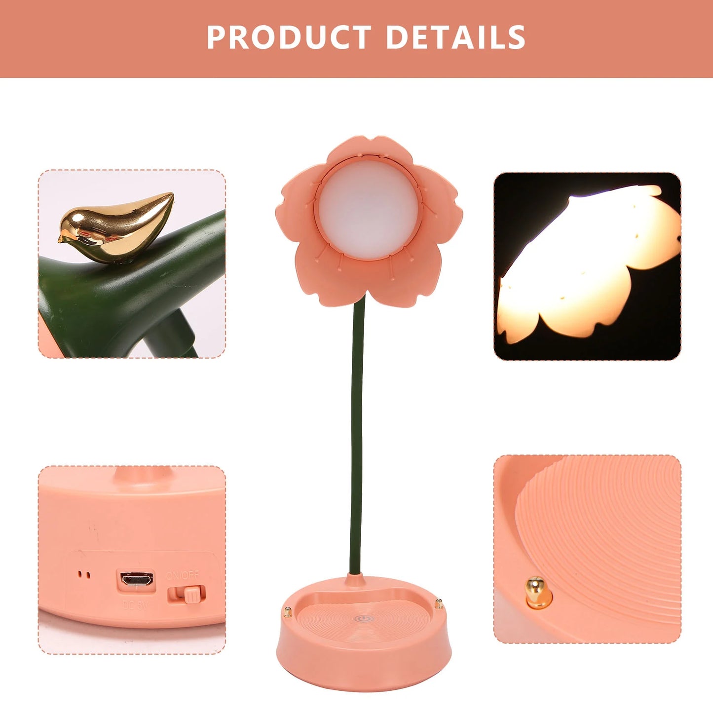 A50I Flower LED Desk Lamp Student Bedroom Lighting Contact Eye Protection USB