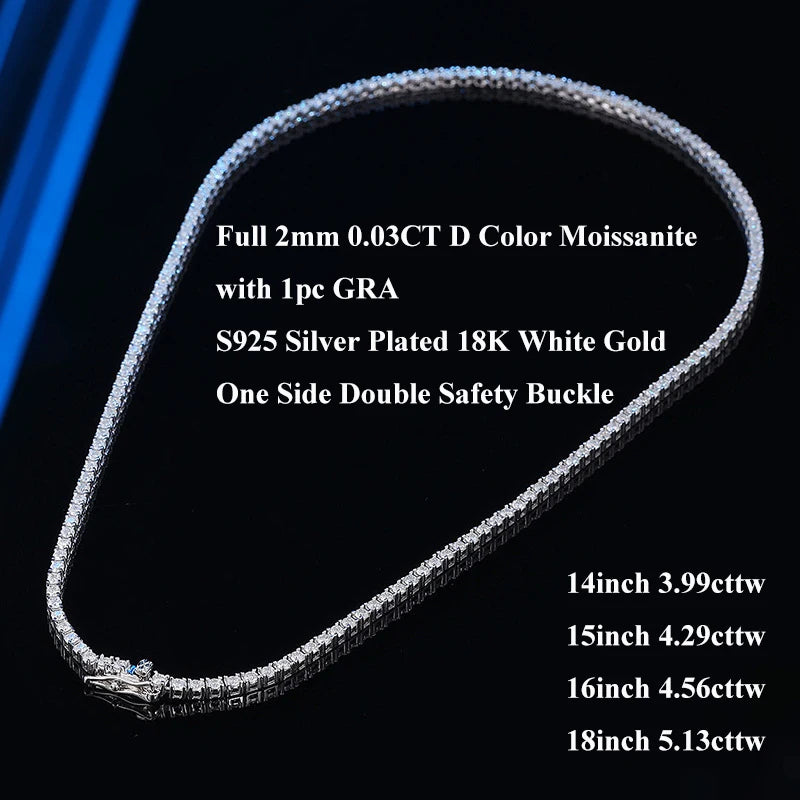 EWYA Real 2-5mm Full D Color Moissanite Tennis Neck Chain Necklace for Woman Man 925 Silver GRA Certified Party Bridal Necklaces