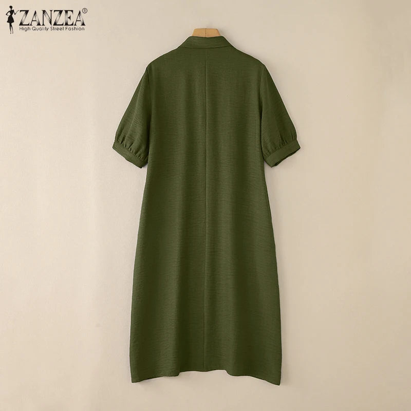 ZANZEA Women Fashion Shirt Dress 2025 Summer Sundress Lapel Neck Short Sleeve OL Work Dresses Casual Buttons Midi Vestidos Robe