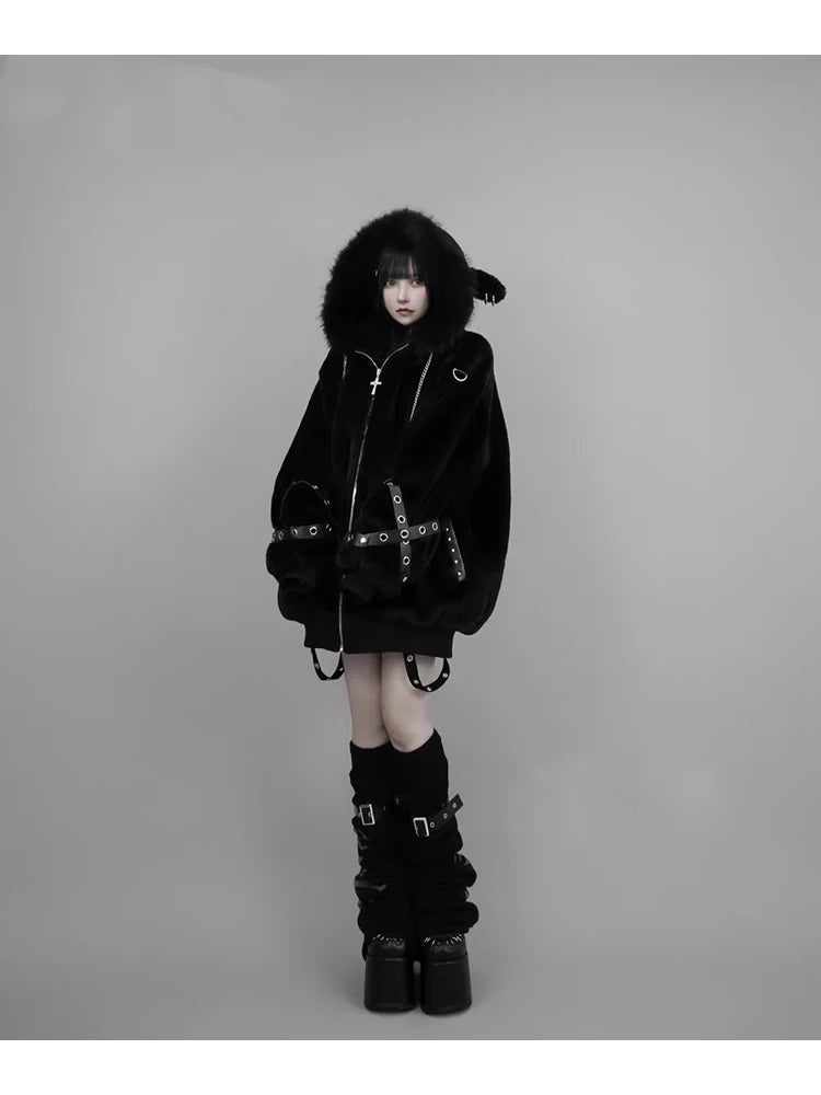 マウロイカルディ 秋冬 オーバーサイズ 暖かい ソフト ホワイト フェイクファーコート レディース フード付き 原宿系 ファッション ふわふわ ジャケット ストリートウェア 2025