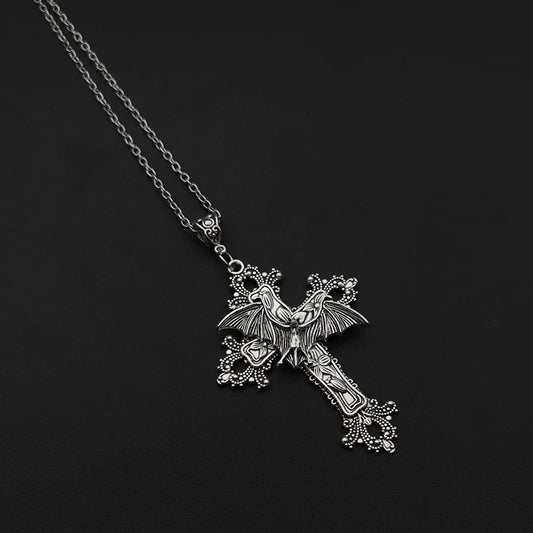 大きなコウモリの十字架ネックレスペンダント、花のフィリグリー、ビクトリア朝のヴィンテージゴシックスタイル、彼女への素晴らしい贈り物、お守り