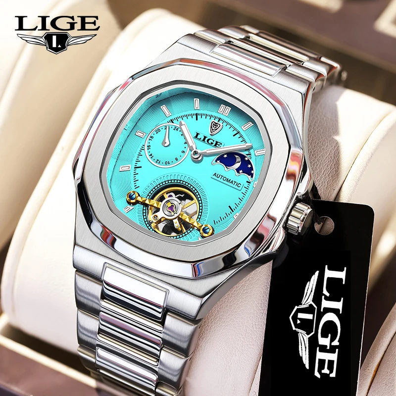 LIGE 2024 Automatic Mens Watch Fashion Stainless Steel Luxury Watches Men Waterproof Luminous Tourbillon Wristwatch Reloj Hombre