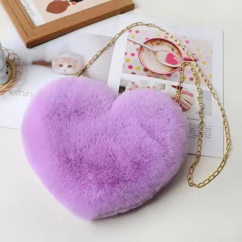 Love Bag New Valentine's Day Chain Plush Heart shaped Bag Female Diagonal Cross Bag Peach Heart shaped Love Small Bag Female