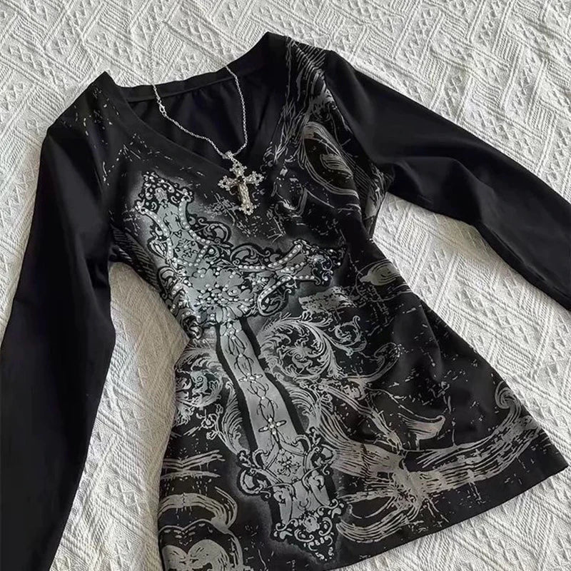 レディース ヒップホップ 90年代 ヴィンテージ パンク Tシャツ 秋 ストリートウェア セクシー ショートスリーブ ゴシック スリム クロップトップ ホットガール カジュアル フェム Tシャツ y2k