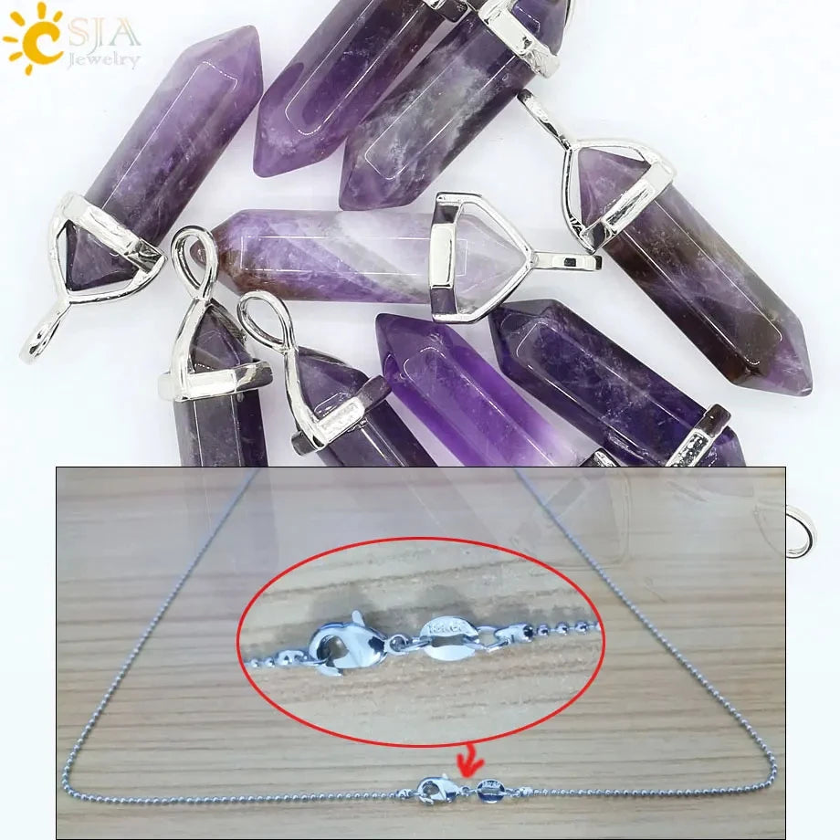 CSJA Hexagonal Bullet Crystal Necklaces Natural Gem Stone Quartz Necklace Pendant Chakra Amethysts Pink Quartz Lapis Lazuli G957