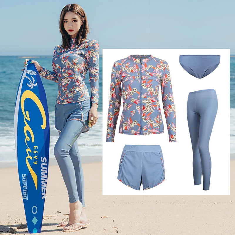 Women's 3pcs/set Printed Long Sleeve Rashguard UV Sun Protection Surf Shirt With Pants Shorts Full Body Bathing Suit Dive Skin