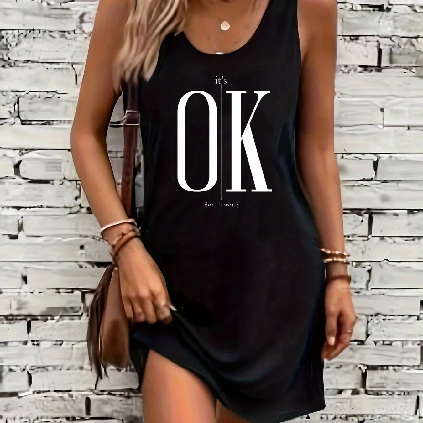Women's summer loose and comfortable casual it's okay don't worry letter printed black sleeveless vest dress punk style dress