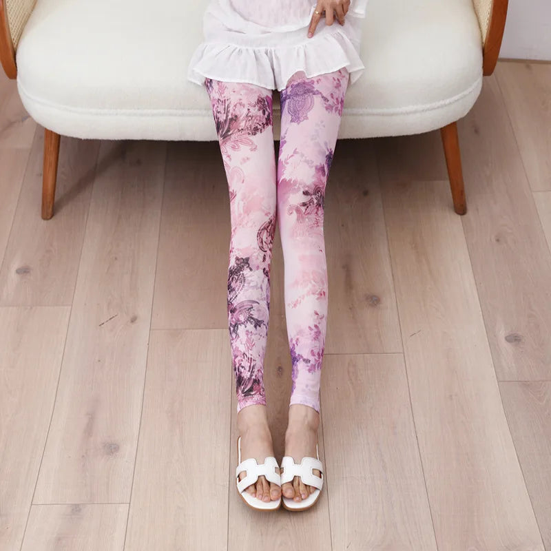 Women Trendy and Fashionable Printed Mesh Leggings, Ice Silk Flower Cartoon Shorts,Sexy Girl Fitness Elastic Pants