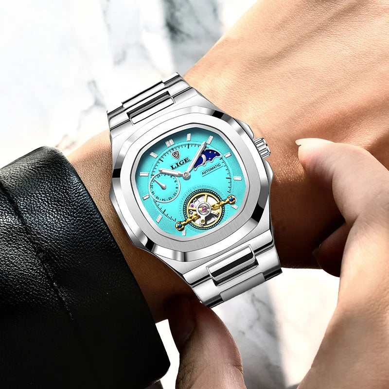 LIGE 2024 Automatic Mens Watch Fashion Stainless Steel Luxury Watches Men Waterproof Luminous Tourbillon Wristwatch Reloj Hombre
