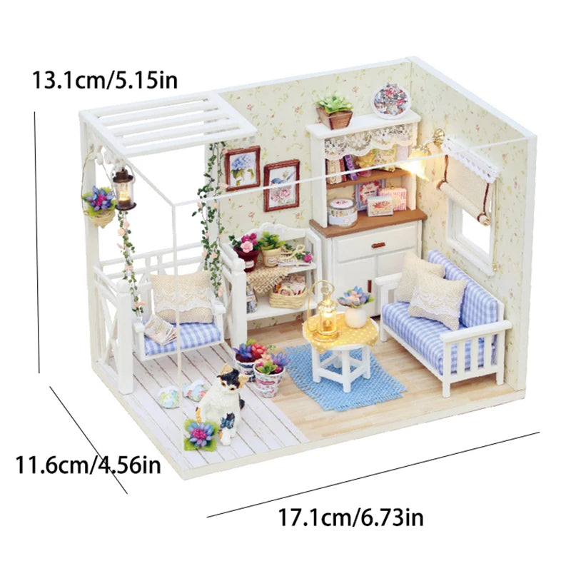 Kitten Mini Doll House Model Building Assembled House Home Kit Creative Room Bedroom Decoration with Furniture Birthday Gifts