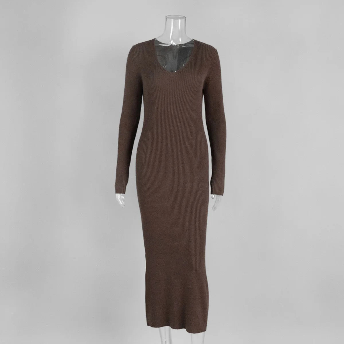 2025 Autumn Women's New Solid Color Long Sleeve V-neck Slim Bodycon Knitted Maxi Dress Trendy Elegant Fashion Sexy Dresses