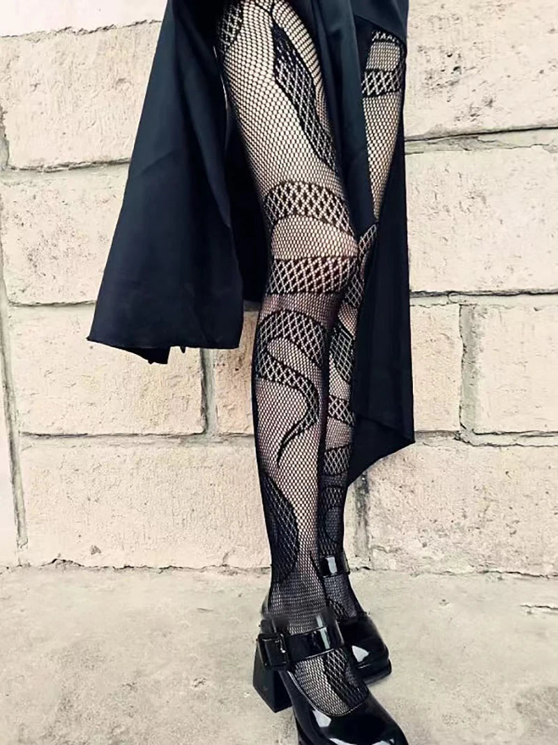 Woman Girls Gothic Cartoon Fishnet Stockings Snake Kuromies Skull Socks Mesh Tights Panties Lolita Plus Size Pantyhose Leggings