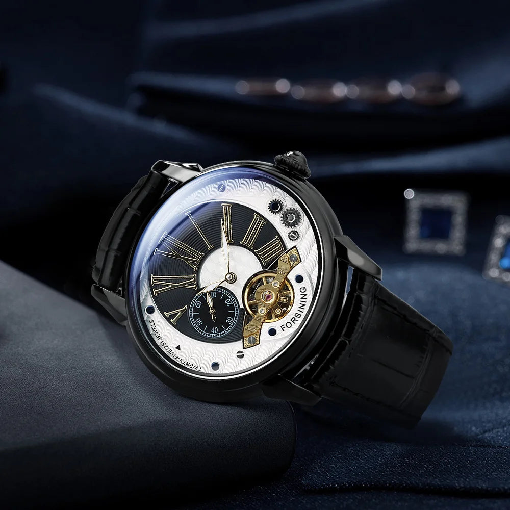 Forsining 367A Tourbillion Fashion Wave Black Golden Clock Roman Scale Mens Automatic Mechanical Watches Top Brand Luxury
