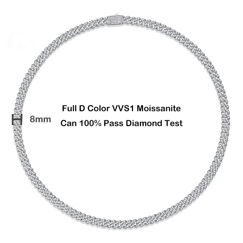EWYA Full Moissanite Cuban Neck Chain Necklace for Men Women 8mm S925 Silver Plated 18K Hip Hop Pass Diamond Test Link Necklaces