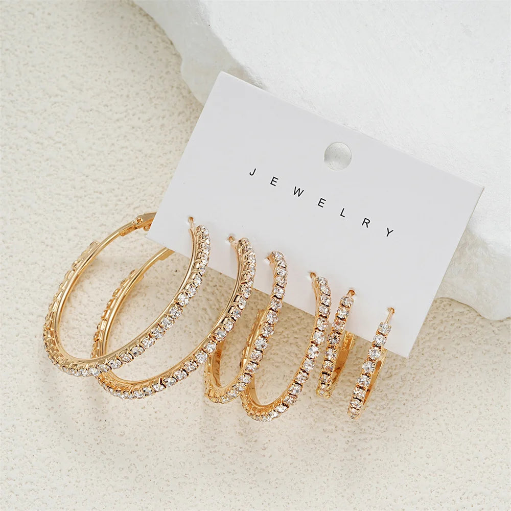 1-3 Pairs Set Sparkling Exaggerated Full Paved Rhinestones Round Circle Hoop Earrings for Women Simple Shiny Earring Jewelry