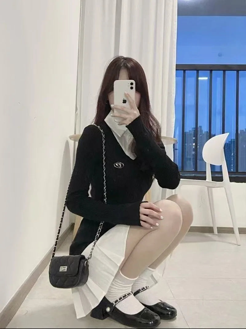 Women Polo Collar Pleated Mini Dresses Spring Autumn Vintage Preppy School Style Shirt Dresses Slim Fit Long Sleeve Korean Style
