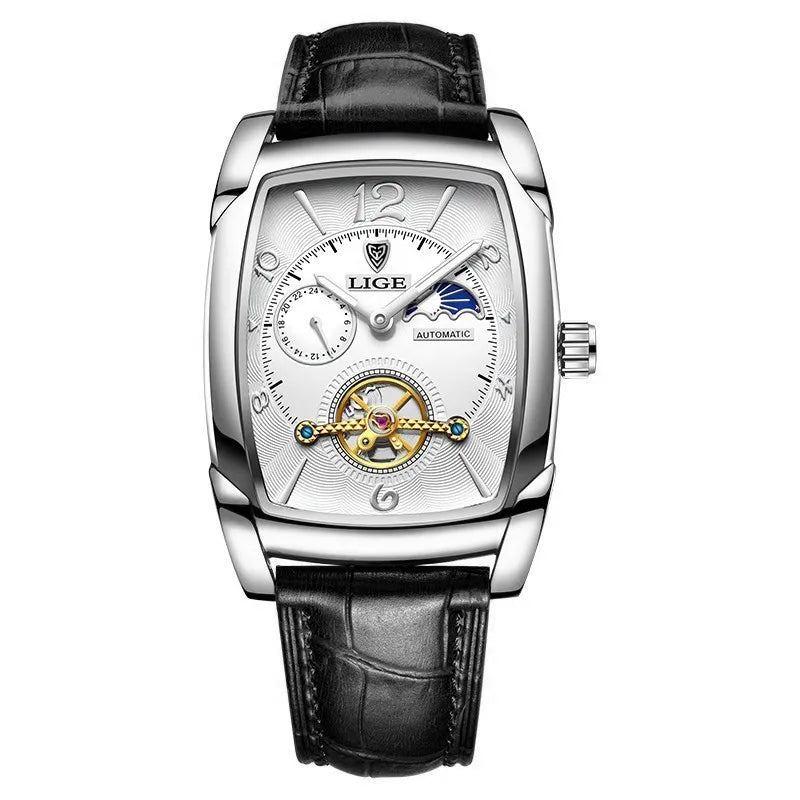 LIGE Fashion Mens Watches Top Brand Luxury Leather Military Waterproof Mechanical Wristwatch Casual Sports Tourbillon Watch Men