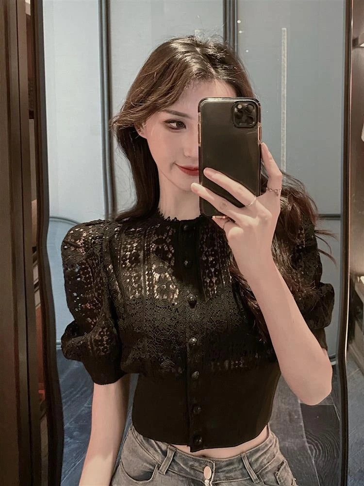 Woherb Sweet Crochet Top Blouse Women Sexy Hollow Out Shirt Vintage Puff Sleeve Korean Shirts Fashion Chic Tops Blusas