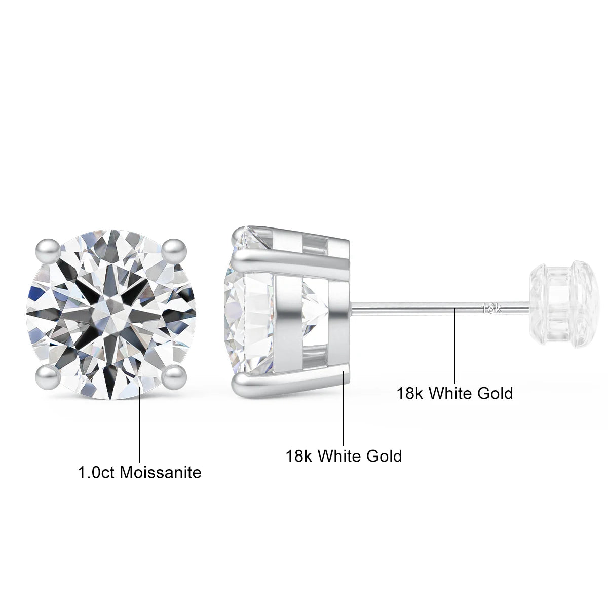 18K Gold D Color Moissanite Stud Earrings Hypoallergenic Round Lab Grown Diamond Ear Studs For Women Man Simple High-end Jewelry