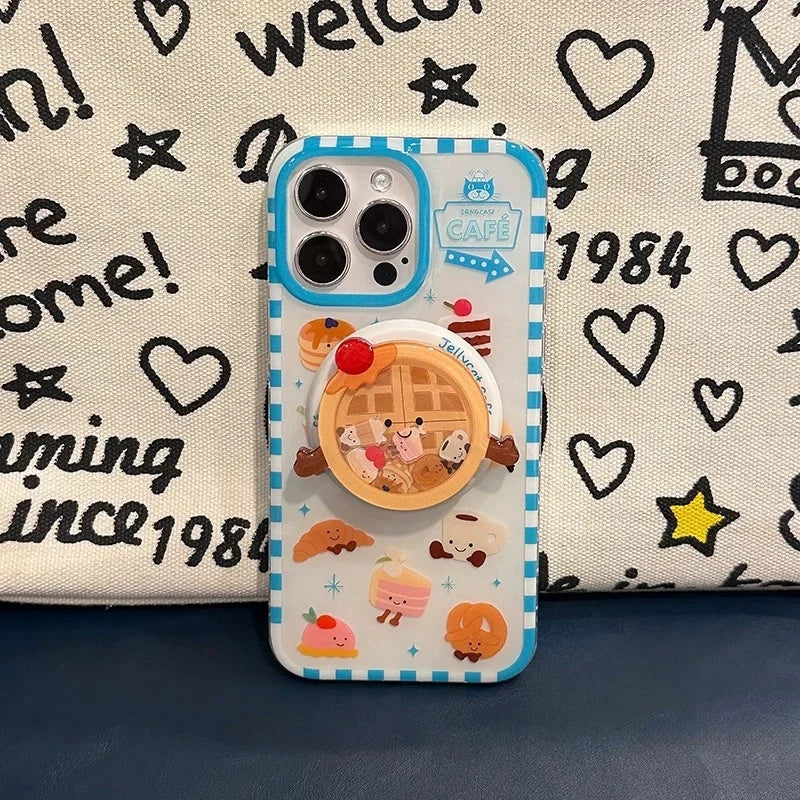 Luxury Cute Waffle Cake Magsafe Wireless Charge Case For iPhone 13 14 15 16 Pro Max Funny Cartoon Waffle Shake Magnetic Holderr