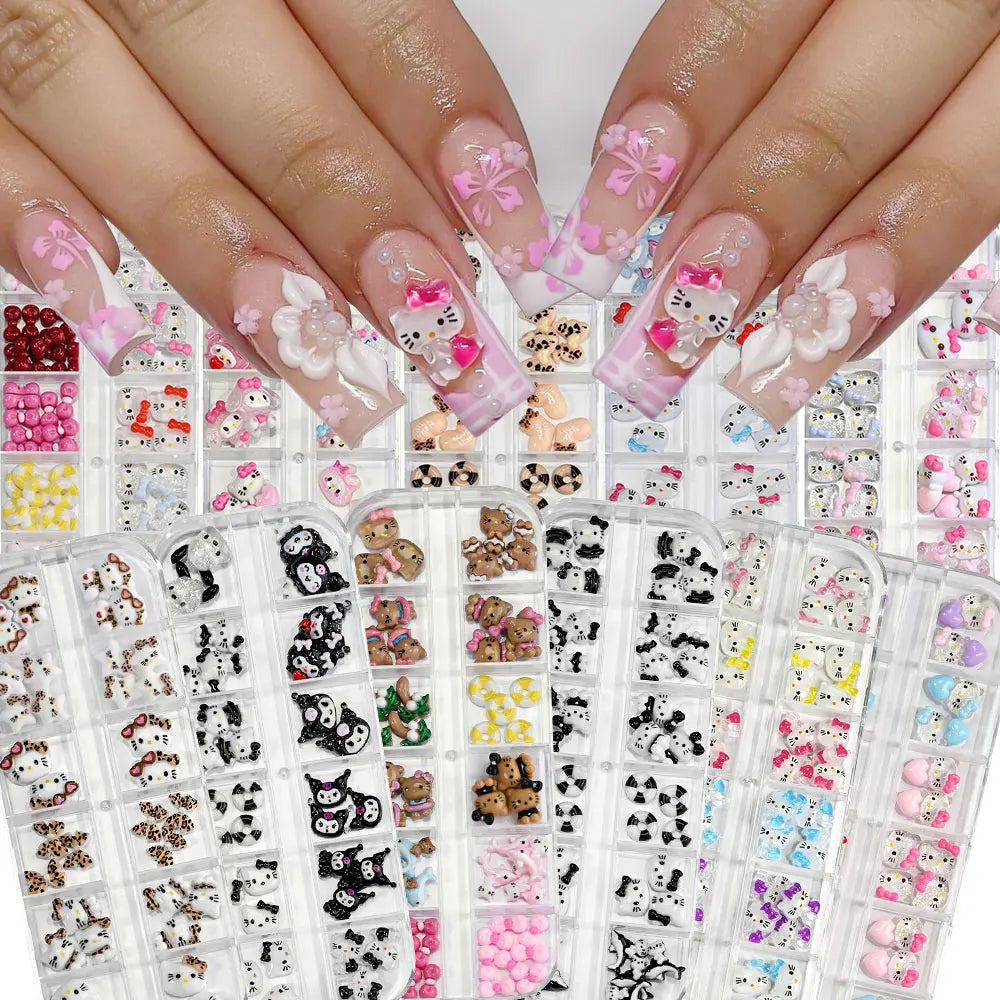 12Grids Summer Black Skin Hello Kitty Nail Charms 3D Pink Bows Hello Kitty Nail Art Rhinestone Cute Cartoon DIY Nail Accessories