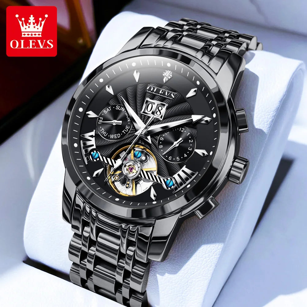 OLEVS Brand Fashion Blue Mechanical Watch for Men Stainless Steel Waterproof Luminous Calendar Luxury Tourbillon Watches Mens