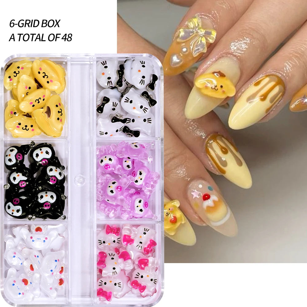 12Grids Summer Black Skin Hello Kitty Nail Charms 3D Pink Bows Hello Kitty Nail Art Rhinestone Cute Cartoon DIY Nail Accessories
