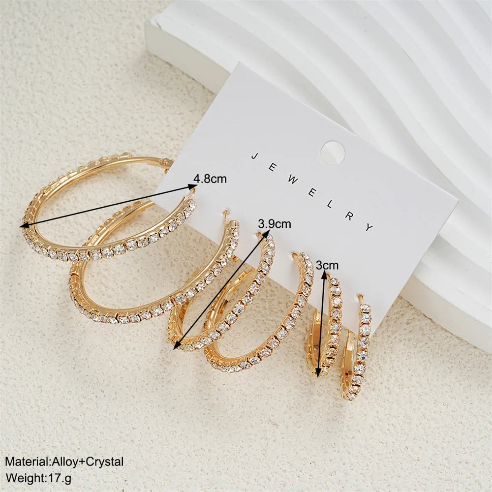 1-3 Pairs Set Sparkling Exaggerated Full Paved Rhinestones Round Circle Hoop Earrings for Women Simple Shiny Earring Jewelry